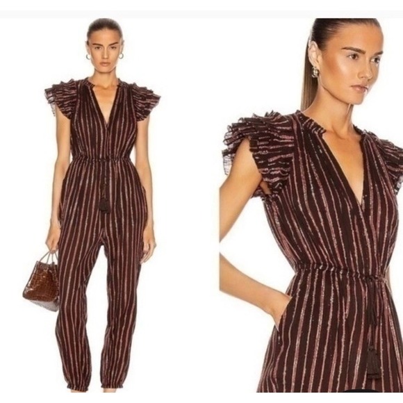 Ulla Johnson Pants - Ulla Johnson Brown Striped Metallic-Trim Ruffle Shoulder Jumpsuit